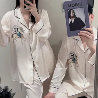 2025 New Horse Fashion Luxury Two Piece Ice Silk Couple Pajamas Men Women Long Sleeve Pants Set High Quality Nightgown Sleepwear
