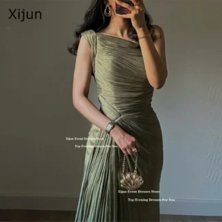 Xijun Elegant Green Long Evening Dresses Sleeveless Pleats A-Line Prom Gowns Silk Satin Formal Occasion Prom Dresses Customized