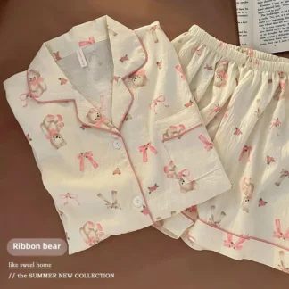 Sweet Style Cloud Cotton Open Cardigan Short Sleeve Loose Women's Sleepwear Set Summer New Arrival Home Clothes Shorts