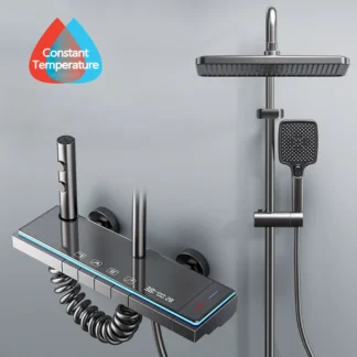 Luxury Bathroom Shower Faucet Set Smart Temperature Display Rainfall Shower System Rain Waterfall LED Bathtub Mixer Tap Showers