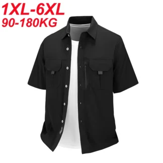 Oversized Shirt Men Solid Ice Cool Summer Short Sleeve Quick Dry Shirts Plus Big Size 6xl 5xl Cargo Pockets Loose High Quality