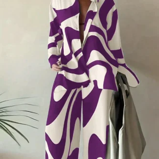 【Plus Size】 Two-Piece Set Abstract Print Open Front Longline Coat & Straight Leg Pants, Casual Long Sleeve Outerwear & Trousers