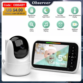 5 Inch Video Baby Monitor with Camera 2x Zoom Surveillance Camera Auto Night Vision Two Way Intercom Babysitter Security Nanny