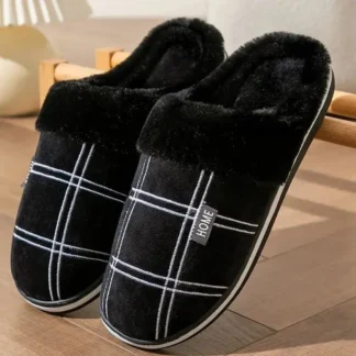 Men Home Slippers Plaid Memory Foam Winter Plush Male Indoor Shoes Warm Soft Non-Slip Slippers Black Large size 50-51 Fashion