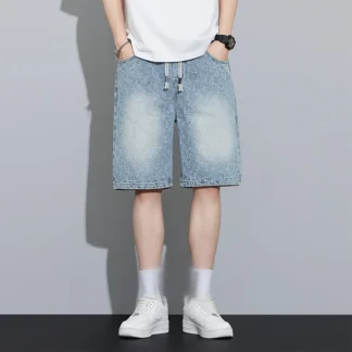 2025 new summer loose jeans men's shorts casual loose wide leg denim retro hip-hop skateboard long men's street wear