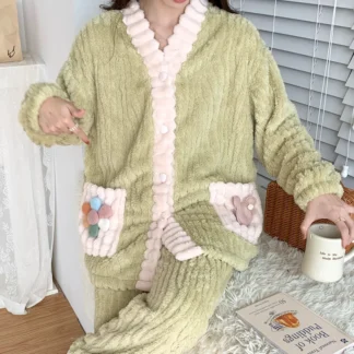 Thickened Coral Fleece Sleepwear Women's Home Clothes Set V-Neck Long Sleeve Long Pants Leisure Comfortable Outerwear Suitabl...