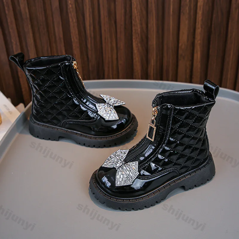 Children Ankle Boots 2025 Autumn Winter New Bowknot Rhinestone Girls Soft-sole Non-slip Princess Leather Shoes Kids Short Boots - Image 4