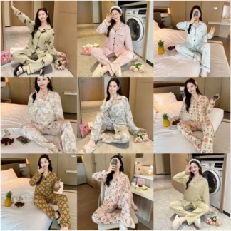 2025 New Loose Fit Cartoon Print Cotton Long Sleeve Pajama Button Set Spring and Autumn Sweet Doll Style Cute Homewear for Women