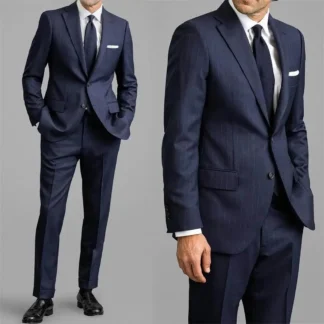 Cotton Blue striped classic men's Business suit 2pcs set Suit Jacket suit pants Groom's wedding suit Gentleman's Banquet suit