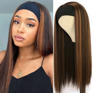 WIGNEE Long Straight Headband Wig Synthetic Wigs for Women Glueless Highlight Wig with Headband Easy to Wear Black Wig Daily Use