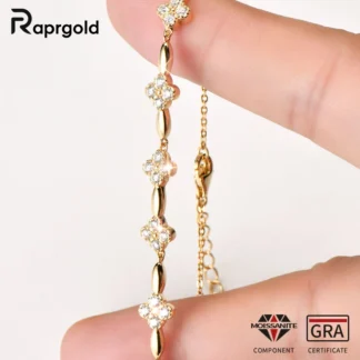 RAPRGOLD Certified Moissanite Four Clover Flower Bracelets for Women S925 Sterling Silver Bracelet Chains Wedding Jewelry Gifts