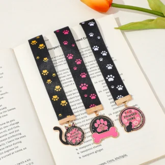 Colorful cat paw pattern exquisite ribbon bookmark, with retro punk cute style metal charm enamel cat shaped pendant x 2.