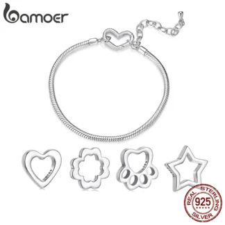 BAMOER 925 Sterling Silver Mini Hollowed Beads Heart Clover Charm Fit Round Basic Chains DIY Minimalist Jewelry Accessories