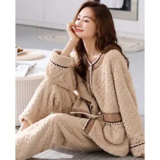 Round Neckline Hits the Flocking Long Sleeve Button Cardigan Top Elastic High Waist Casual Trousers Pajama Set