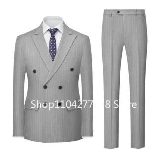 Formal Pinstripe Suits for Men 2 Pieces Blazer and Pants Peak Lapel Gentleman Double Breasted Men's Suits Business Prom Ceremony