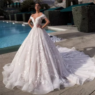 Customized Graceful Off Shoulder A-Line Lace Wedding Dresses Elegant Appliques Bride Dress Cathedral Train Bridal Gown Plus Size