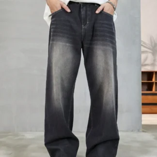 Pop 1Pc Men's Wide Pants Brushed Jeans Wide Jeans Y2K New Rocks Jeans Buggy Black Hip-Hop Pants