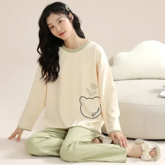 Women's Sleepwear Long Sleeve Long Pants round Neck Pullover Large Size Cotton Simulation Home Clothes Set Korean Style