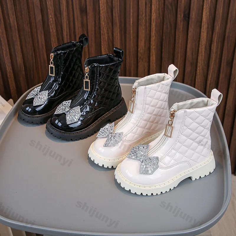 Children Ankle Boots 2025 Autumn Winter New Bowknot Rhinestone Girls Soft-sole Non-slip Princess Leather Shoes Kids Short Boots - Image 2