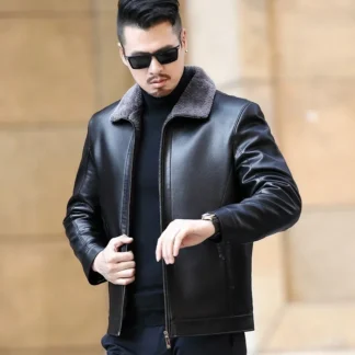 Men's Fur One Casual Thickened Motorcycle Jacket Mens Fashion Leather Jacket Male Plus Cashmere Sheep Leather Jacket Short Coat