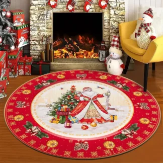 Christmas Cartoon Carpet Mat Rug Round Santa Snowman Home Decoration Holiday Living Room Floor Mat with Reindeer Tree Pattern