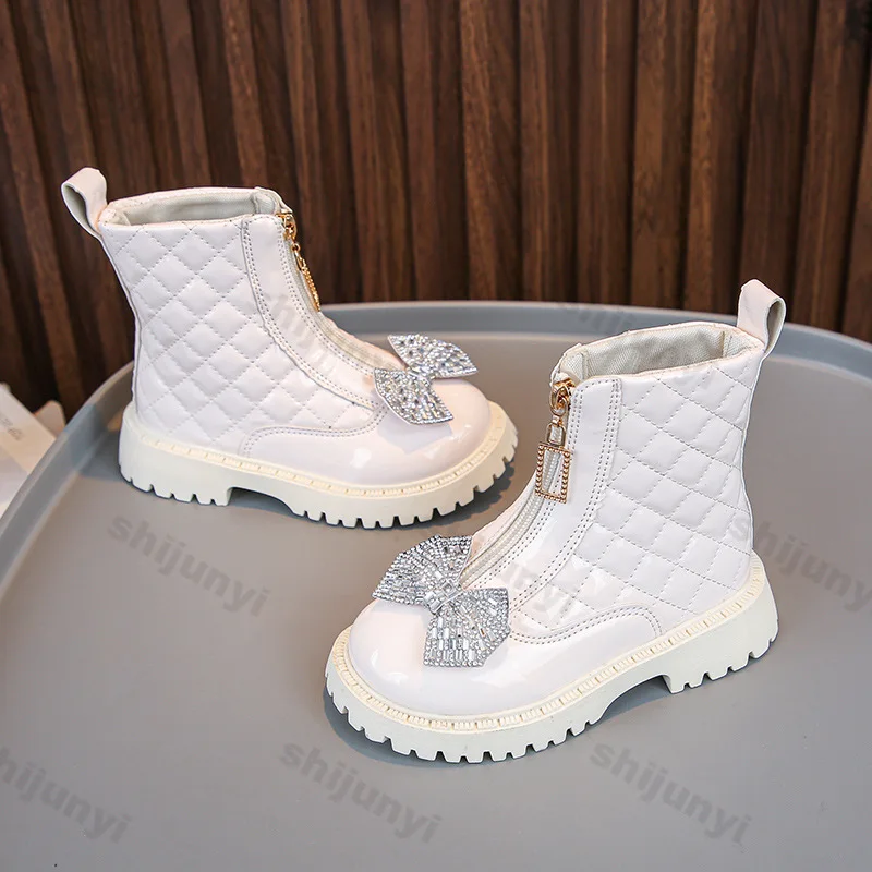 Children Ankle Boots 2025 Autumn Winter New Bowknot Rhinestone Girls Soft-sole Non-slip Princess Leather Shoes Kids Short Boots - Image 5