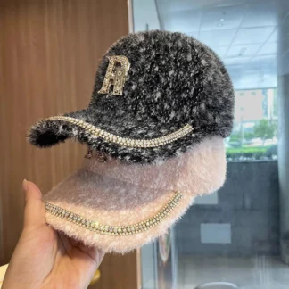 Baseball Cap with Rhinestone Letters, Winter Warm Fur Hat for Women, Fashion Ins Style Snapback, Plush Fleece Lined Autumn Hat