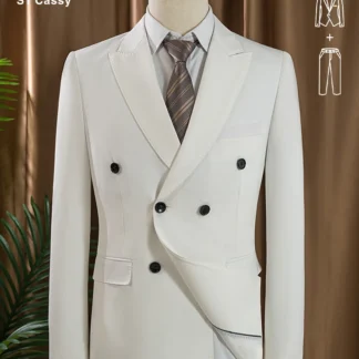 ST cassy Elegant White Double Breasted Suit Set 2 Piece Business Wedding Outfit Classic Stylish Blazer Pants Modern Trendy
