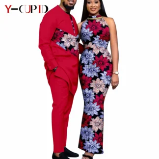 African Print Dresses for Women Couple Matching Clothing for Wedding Men Outfits Dashiki Top and Pants Sets Bazin Riche Y23C030