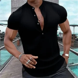 Men's short-sleeved casual shirt Hawaiian style shirt solid black shirt stand collar design suitable for beach vacation XS-5XL