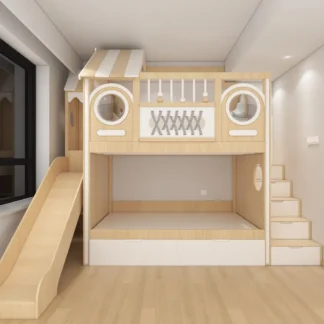 High Low Real Wood Bunk Bed with Slide Comfortable Durable Tree House Case for Kids for Bedroom School Hotel Villa Apartment