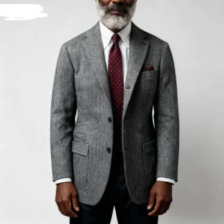 Men's Tweed Fishbone Blazer Dark Grey Notch Lapel Casual Sport Jacket Sporty Coat for Men