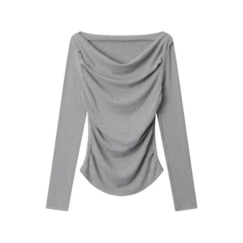 Yapher Women's Off-Shoulder Knit T-shirt Elegant Long Sleeve Pullover with Ruched Stretchy Business Casual Tops for Spring Fall - Image 6