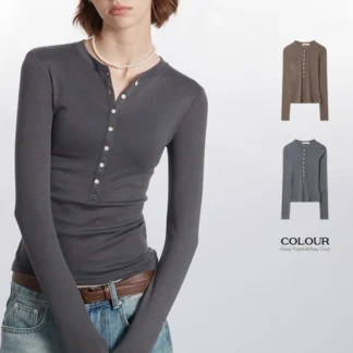 Yapher Women's Essential Gray Long Sleeve Tee Slim Fit Half-Button Solid Color T-shirt Classic Layering Top for Spring and Fall