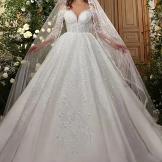 Customized2025 Luxury Embroidery Beading Long Sleeve Wedding Dress Scoop Neck Vestido de novia Appliques Ball Gown Bridal Gown