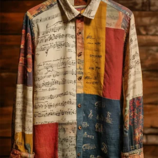 New Men's 3D Art Printed Shirt Casual Vintage Linen Style Long Sleeve Lapel Collar Top Fashion Beige Top