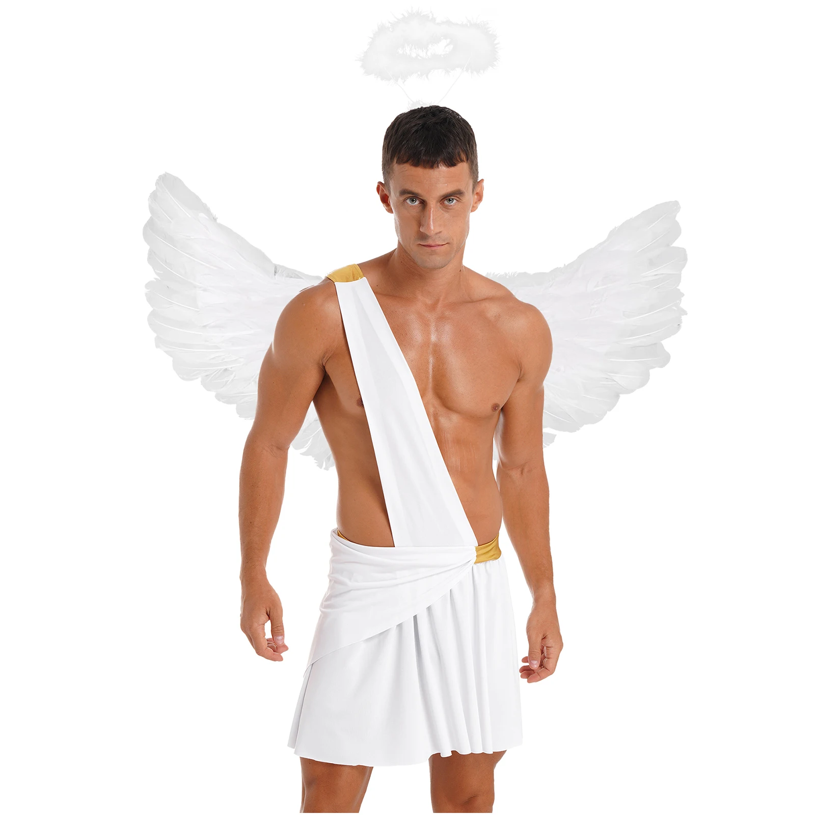 Men's Angel Cosplay Costume Halloween Theme Party Role Play Sets Ruffle Skirts with Angel Wings and Hairband Fallen Angel Outfit - Image 4