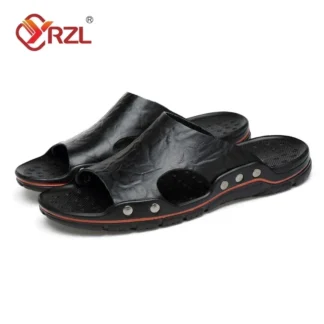 YRZL Mens Sandals PU Leather Classic Summer Men Slippers Soft Black Slippers Big Size Slippers Lightweight EVA Slides for Men