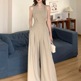 Women Clothes Elegant Sexy Halter Backless Folds Slim Wide Leg Loose Rompers Summer Solid Casual One Piece Long Jumpsuits