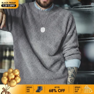 Maden New Retro Grey Round Neck Sweater Fleece-lined Warm Versatile Pullover for Men with Loose Fit Tops for Autumn and Winter