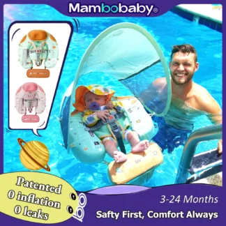 Mambobaby Baby Foldable Float Inflatable Free with Sun Canopy Safe Crotch Strap Pool Swim Ring Swim Tube Pool Float Water Circle