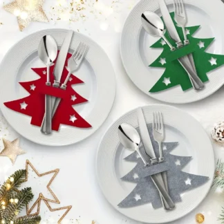 12pcs, Christmas Tree Placemats, Felt Fork and Spoon Bag Set, Suitable for Christmas and Other Holiday Party Table Decoration