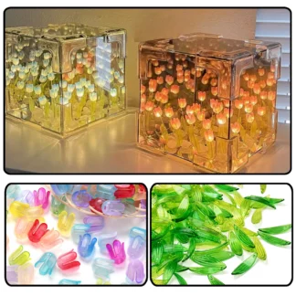 100/200pcsTransparent Gradient Color Flower Beads Caps And Green Leaf Bead For DIY Jewelry Making Craft Bouquet Gift Accessories