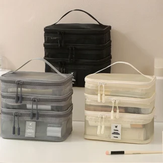 Large Capacity Cosmetic Bag with Mesh and Transparent Design, Multi-Functional Multi-Layer Portable Travel Toiletry Bag