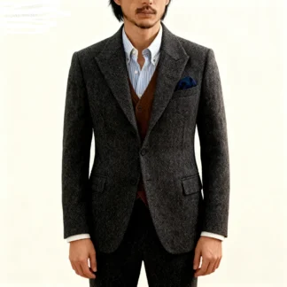 Men's Dark Grey Tweed Smoking Suit Unique Single Breasted Two-Button Business Blazer Fishbone Design Wedding Ceremony Coat