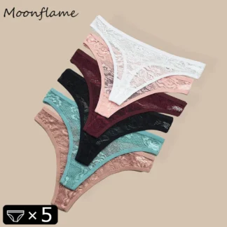 Moonflame 5Pcs Lace Cotton Thongs Underwear Lingerie For Women T-back Ladies Transparent G-string Girls Panties
