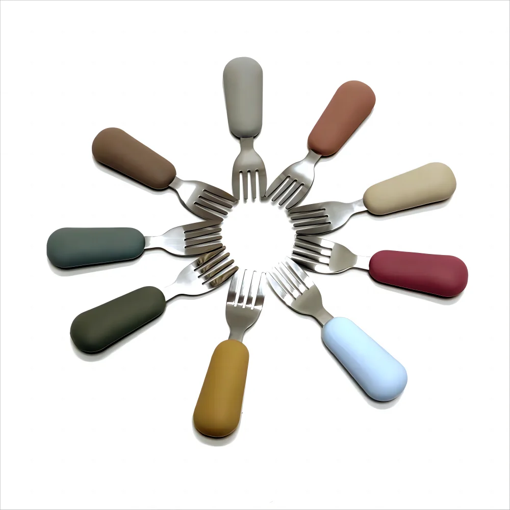 Children Fork Spoon Set Baby Fork Spoon Short Handle Stainless Steel Silicone Fork Spoon Baby Supplement Fork Spoon - Image 3