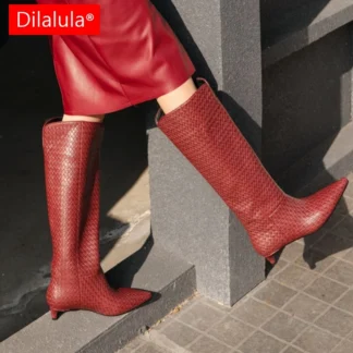 Dilalula 2026 Sexy Real Leather Women 's Long Boots Pointy Toe Kitten Heels Young Lady Autumn Winter Slip On Street Red Boots