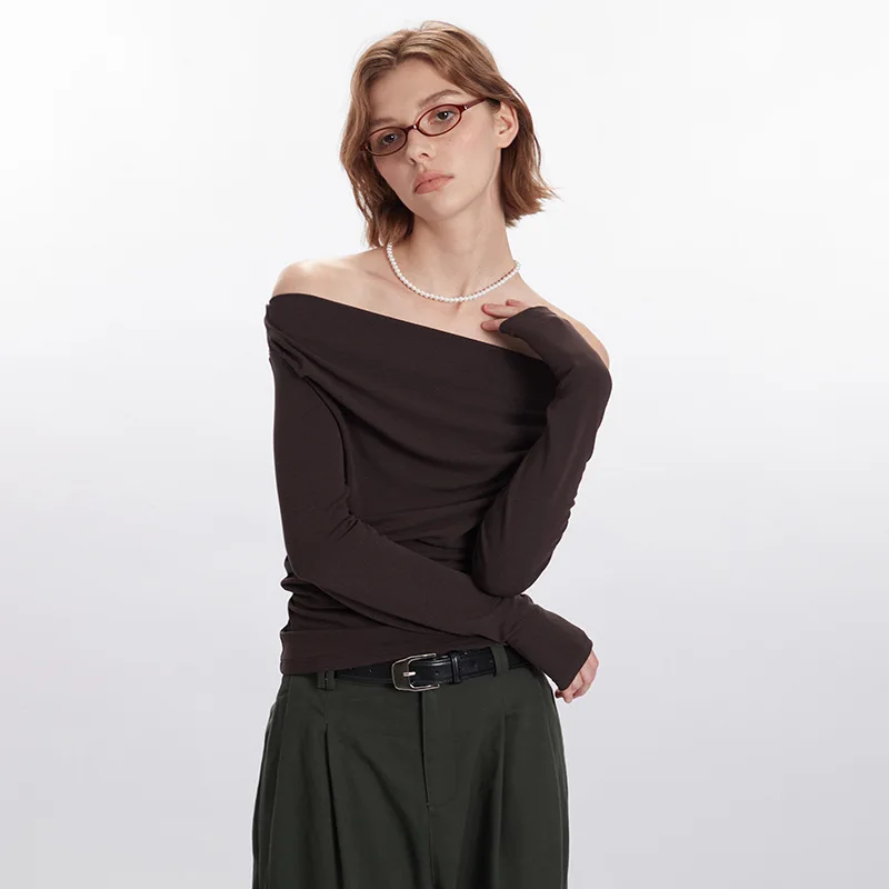 Yapher Women's Off-Shoulder Knit T-shirt Elegant Long Sleeve Pullover with Ruched Stretchy Business Casual Tops for Spring Fall - Image 3