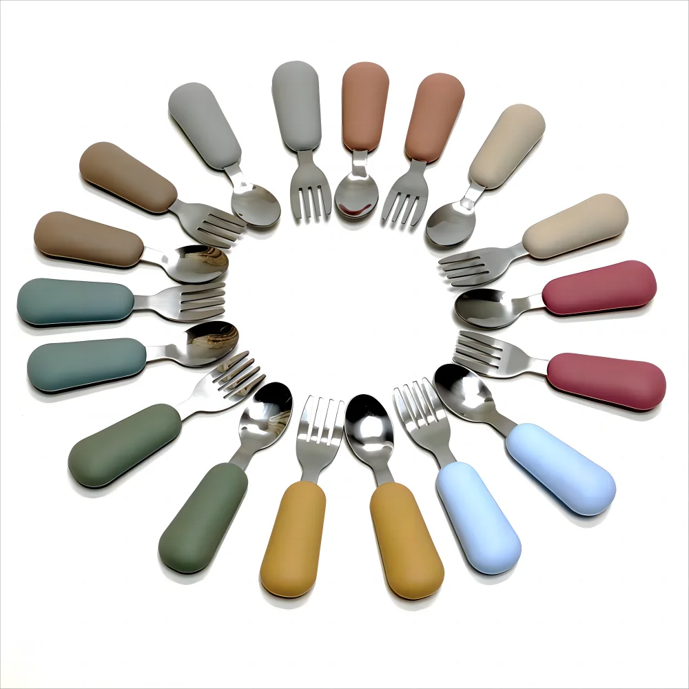 Children Fork Spoon Set Baby Fork Spoon Short Handle Stainless Steel Silicone Fork Spoon Baby Supplement Fork Spoon